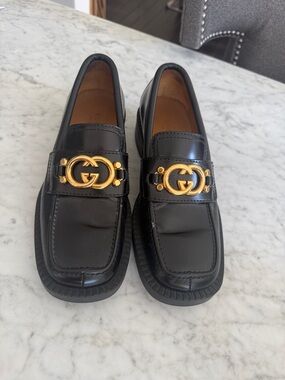 Gucci Black Leather Loafers with Gold Double G Hardware
